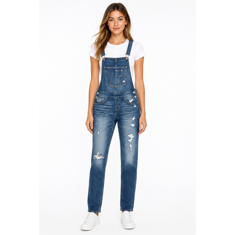Hollister Womens XS Denim Overalls Distressed Medium Wash Boho Tapered Bibs